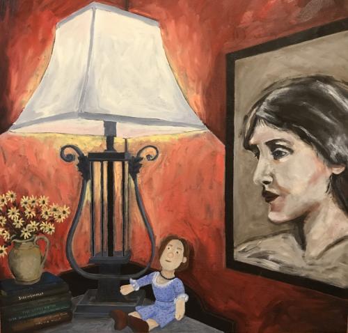 Interior with Virginia Woolf and Virginia Woolf doll  | oil & acrylic on narrow edge canvas | 91x91cm