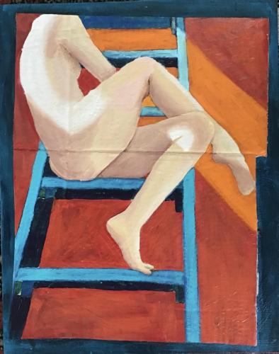 Woman on Ladder II | Oil & Acrylic on cardboard & Canvas Board framed | 40 x 50cm | $490