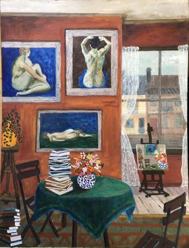 Interior with three nudes |oil & acrylic on board, framed | 58x75cm | SOLD